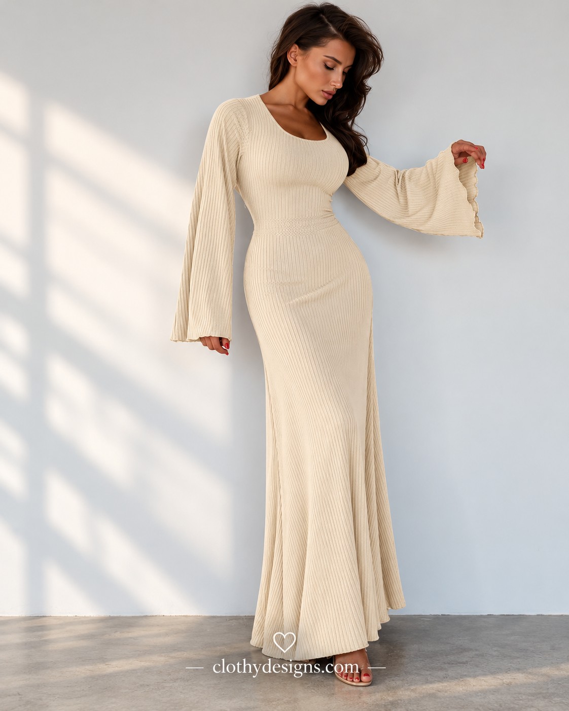 Women's Ribbed Knit Maxi Dress – Loose U-Neck Long Dress with Lace-Up Back, Bandage Detail & Flare Sleeves